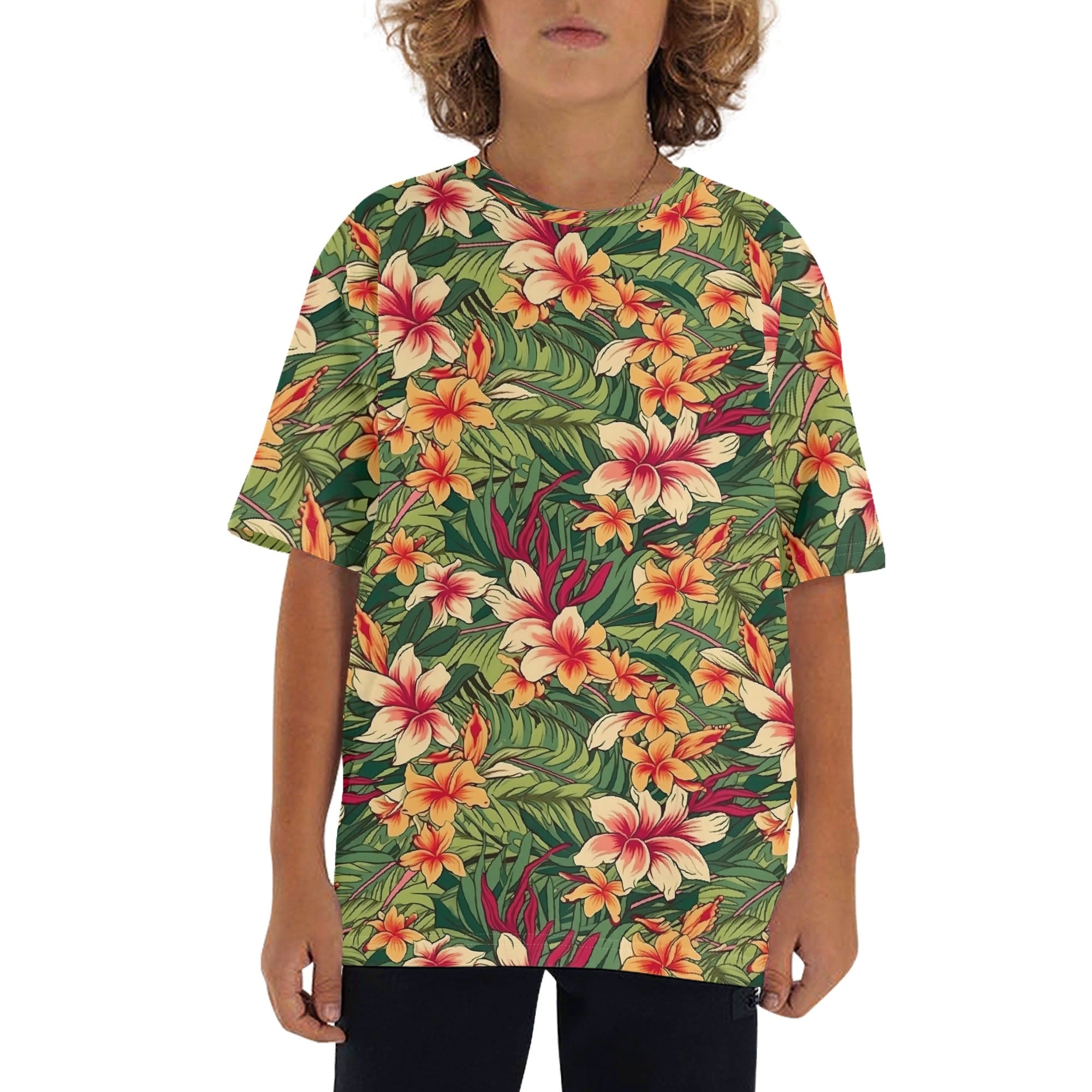 Vintage Hawaiian Floral Kids Loose Fit Short Sleeve T-Shirt XL Kid's Full Print T-shirt Plants Printed Offshore