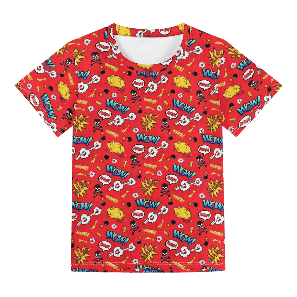 Comic Book Red Kids Loose Fit Short Sleeve T-Shirt Kid's Full Print T-shirt comic Printed Offshore