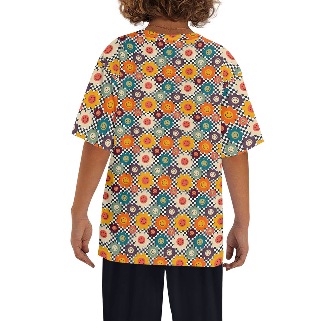 Happy Retro Flowers Kids Loose Fit Short Sleeve T-Shirt Kid's Full Print T-shirt Printed Offshore Retro