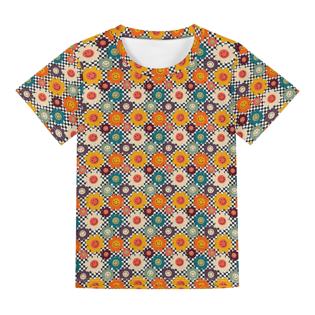Happy Retro Flowers Kids Loose Fit Short Sleeve T-Shirt Kid's Full Print T-shirt Printed Offshore Retro