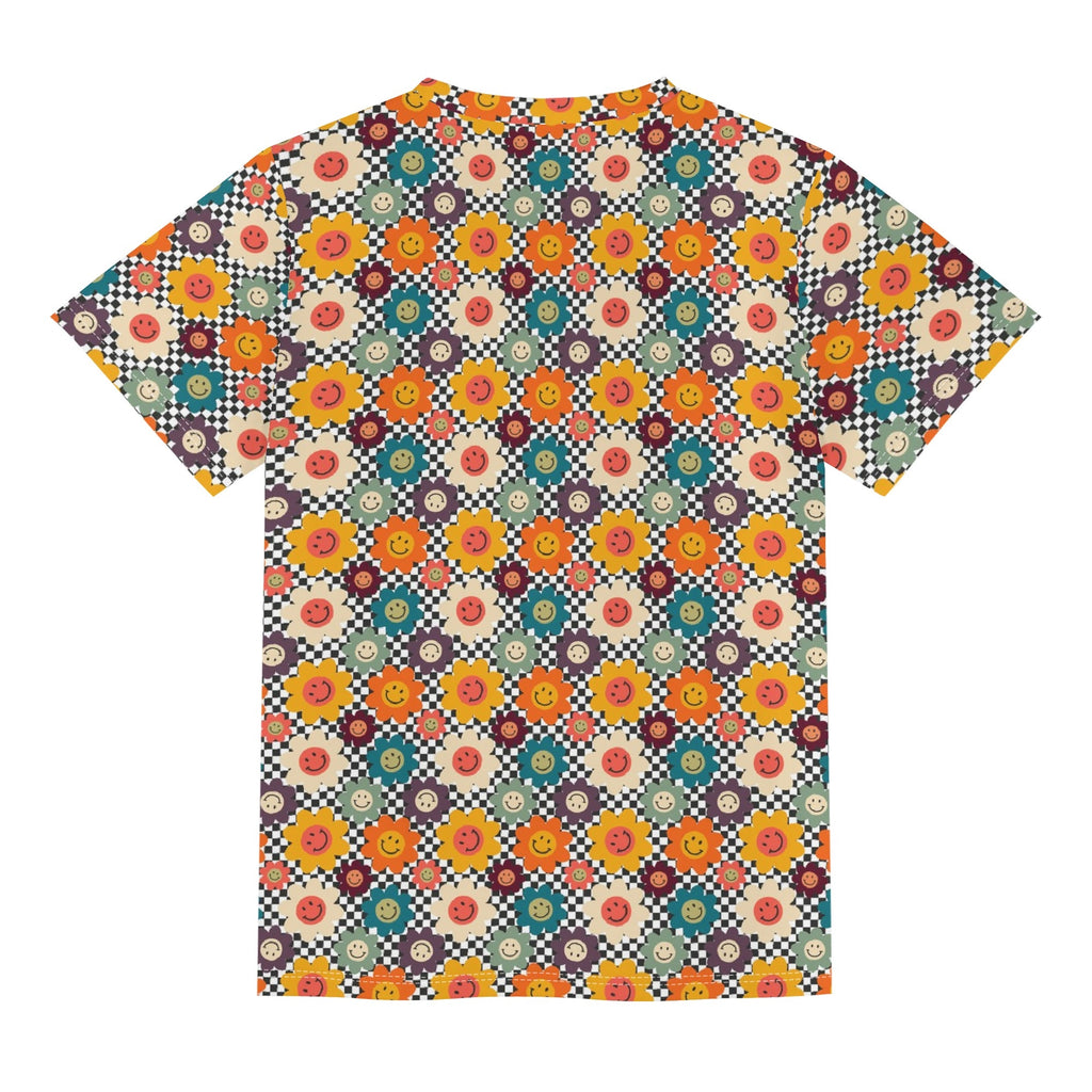 Happy Retro Flowers Kids Loose Fit Short Sleeve T-Shirt Kid's Full Print T-shirt Printed Offshore Retro
