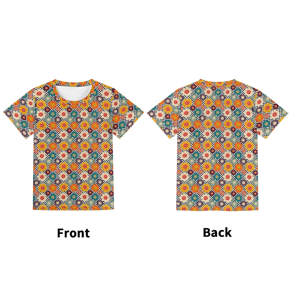 Happy Retro Flowers Kids Loose Fit Short Sleeve T-Shirt Kid's Full Print T-shirt Printed Offshore Retro