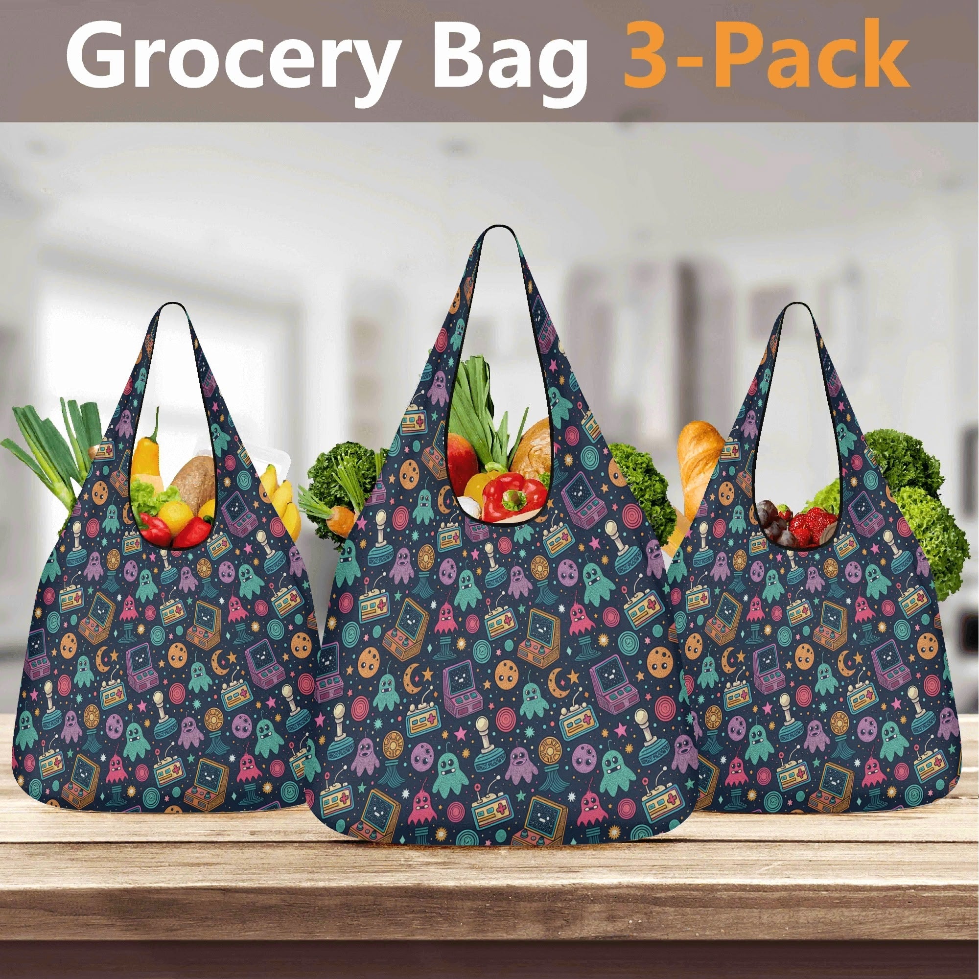 Space Arcade - 3 Pack of Foldable Shopping Bags 3-Pack Shopping Bags Games Printed Offshore Retro