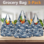 Japanese Waves 3 Pack of Foldable Shopping Bags 3-Pack Shopping Bags Ocean Printed Offshore