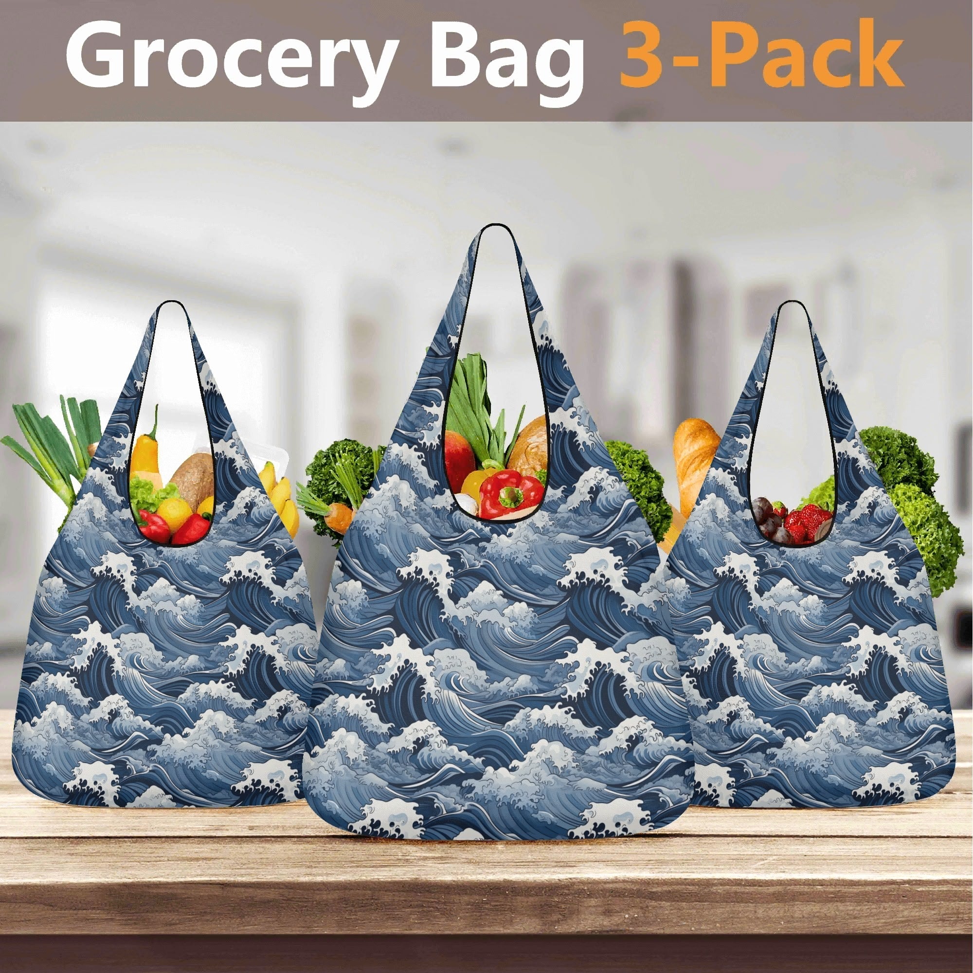 Japanese Waves 3 Pack of Foldable Shopping Bags 3-Pack Shopping Bags Ocean Printed Offshore