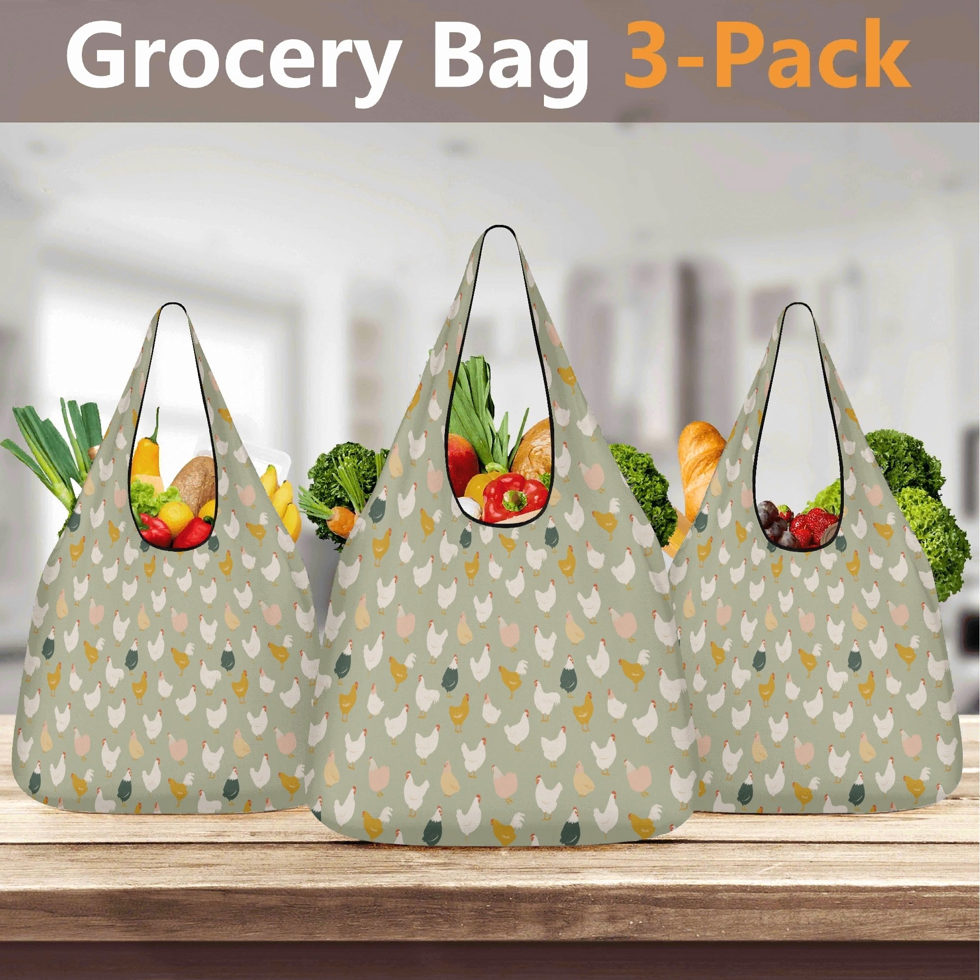 Chicken Life 3 Pack of Foldable Shopping Bags 3-Pack Shopping Bags animal Printed Offshore