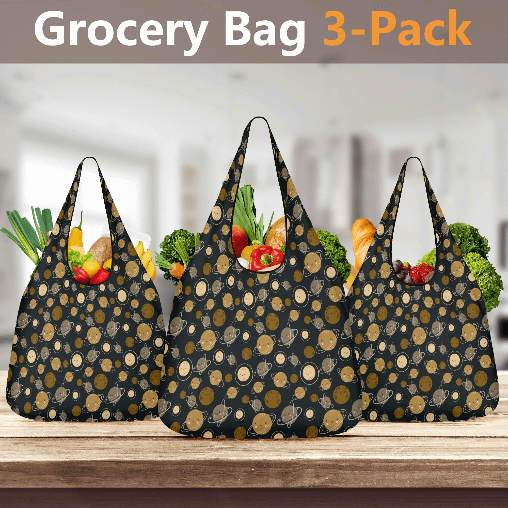 Planets 3 Pack of Foldable Shopping Bags 3-Pack Shopping Bags Printed Offshore Space