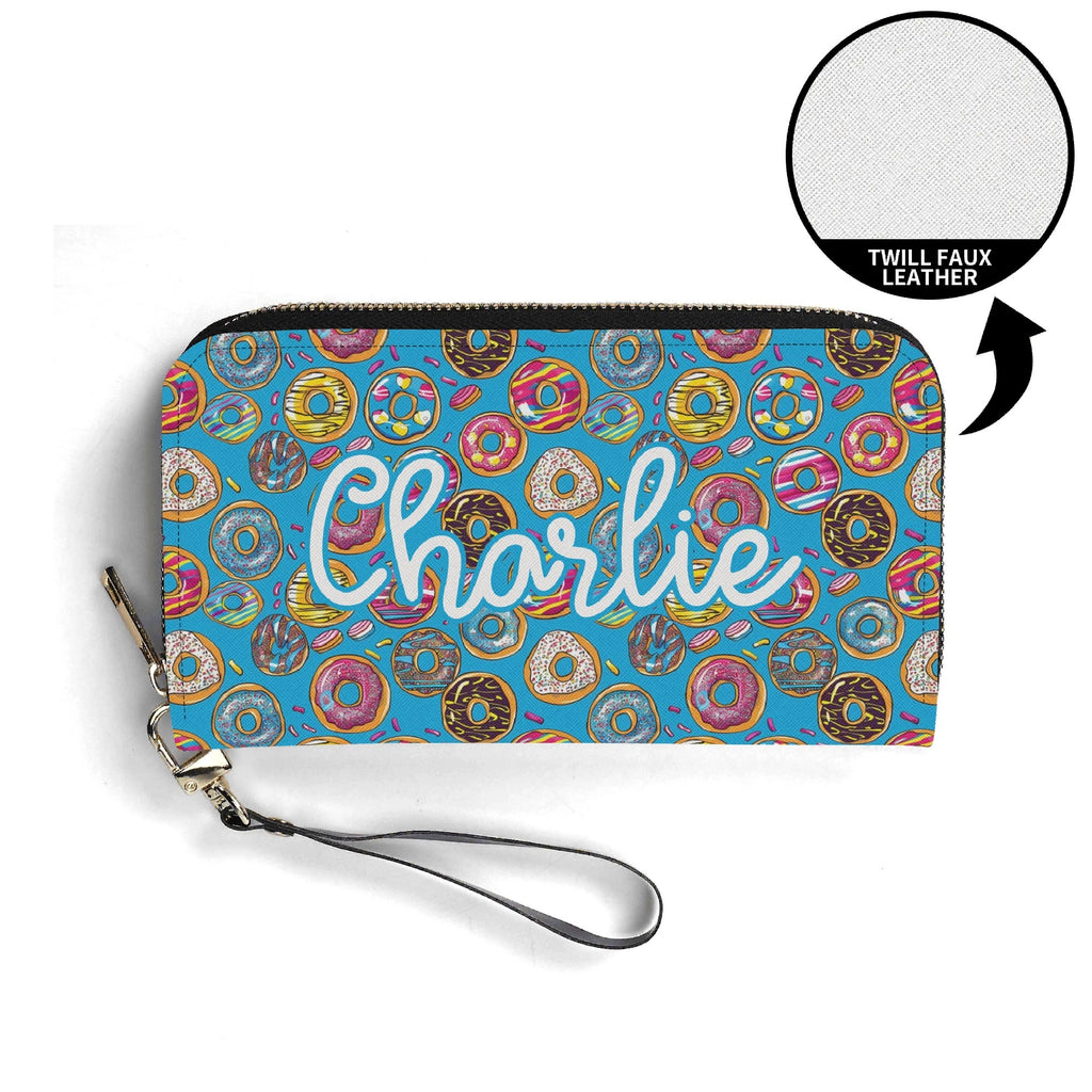 Personalised Doughnuts On Blue Twill (PU) Wallet Personalised Wallet Food Printed Offshore