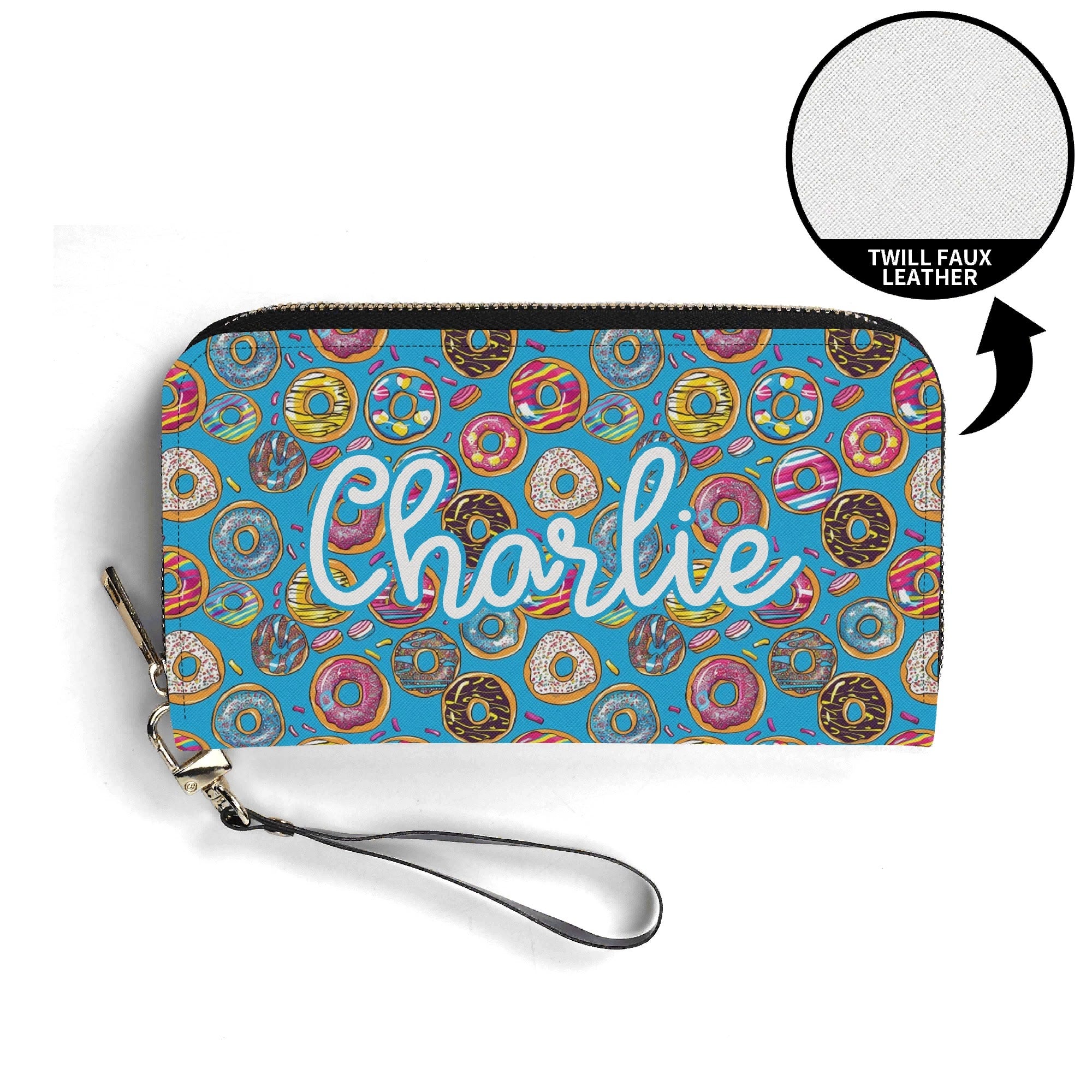 Personalised Doughnuts On Blue Twill (PU) Wallet Personalised Wallet Food Printed Offshore