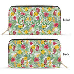 Personalised Tropical Flowers On White Twill (PU) Wallet Black Personalised Wallet Plants Printed Offshore