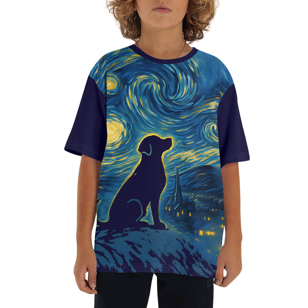 Starry Night Dog Kids Loose Fit Short Sleeve T-Shirt XL Kid's Full Print T-shirt animal Printed Offshore