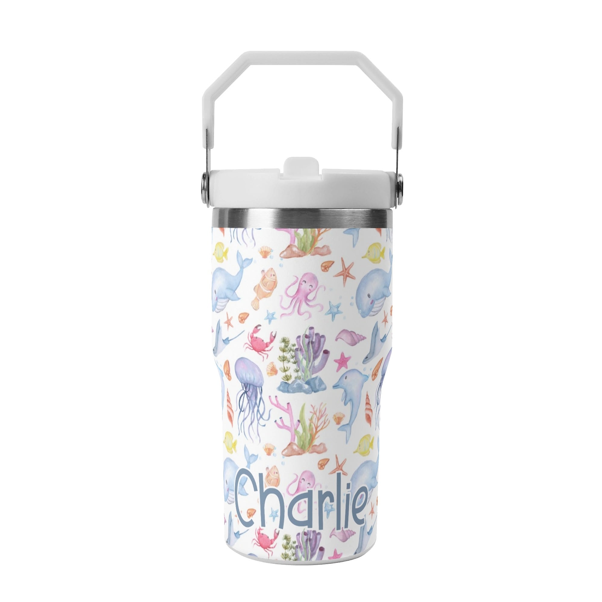 Personalised Under The Sea 20oz Stainless Steel Tumbler Screw On Lid With Straw Default Title Personalised 20oz Tumbler with Top Handle animal Ocean Printed Offshore