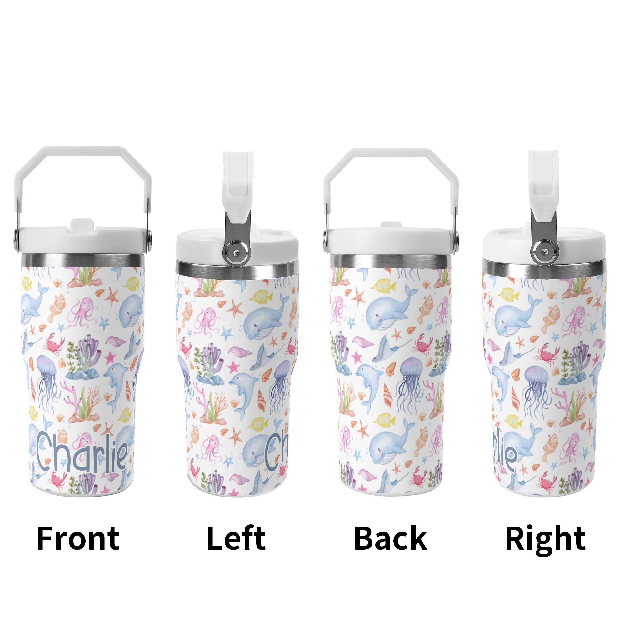 Personalised Under The Sea 20oz Stainless Steel Tumbler Screw On Lid With Straw Personalised 20oz Tumbler with Top Handle animal Ocean Printed Offshore