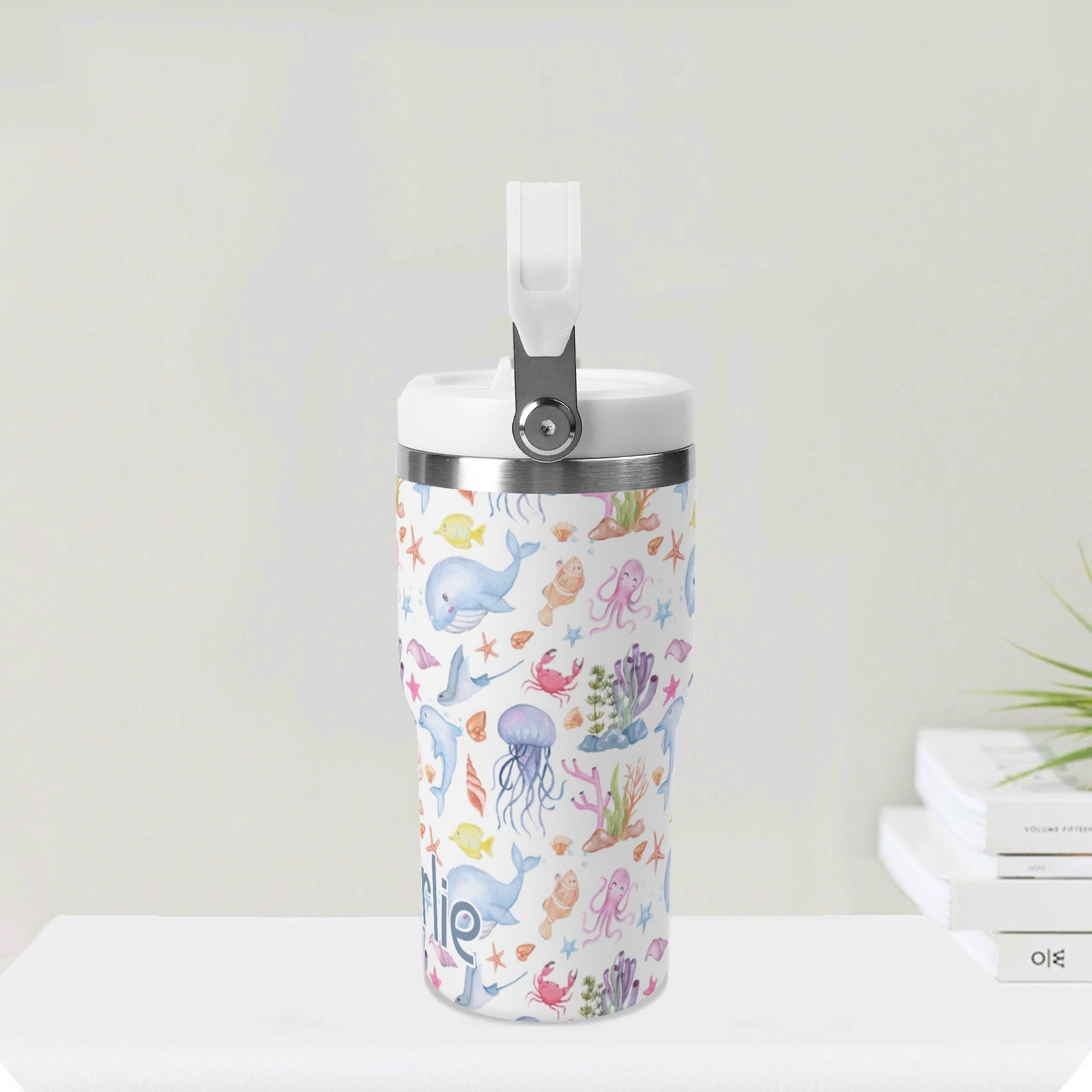Personalised Under The Sea 20oz Stainless Steel Tumbler Screw On Lid With Straw Personalised 20oz Tumbler with Top Handle animal Ocean Printed Offshore