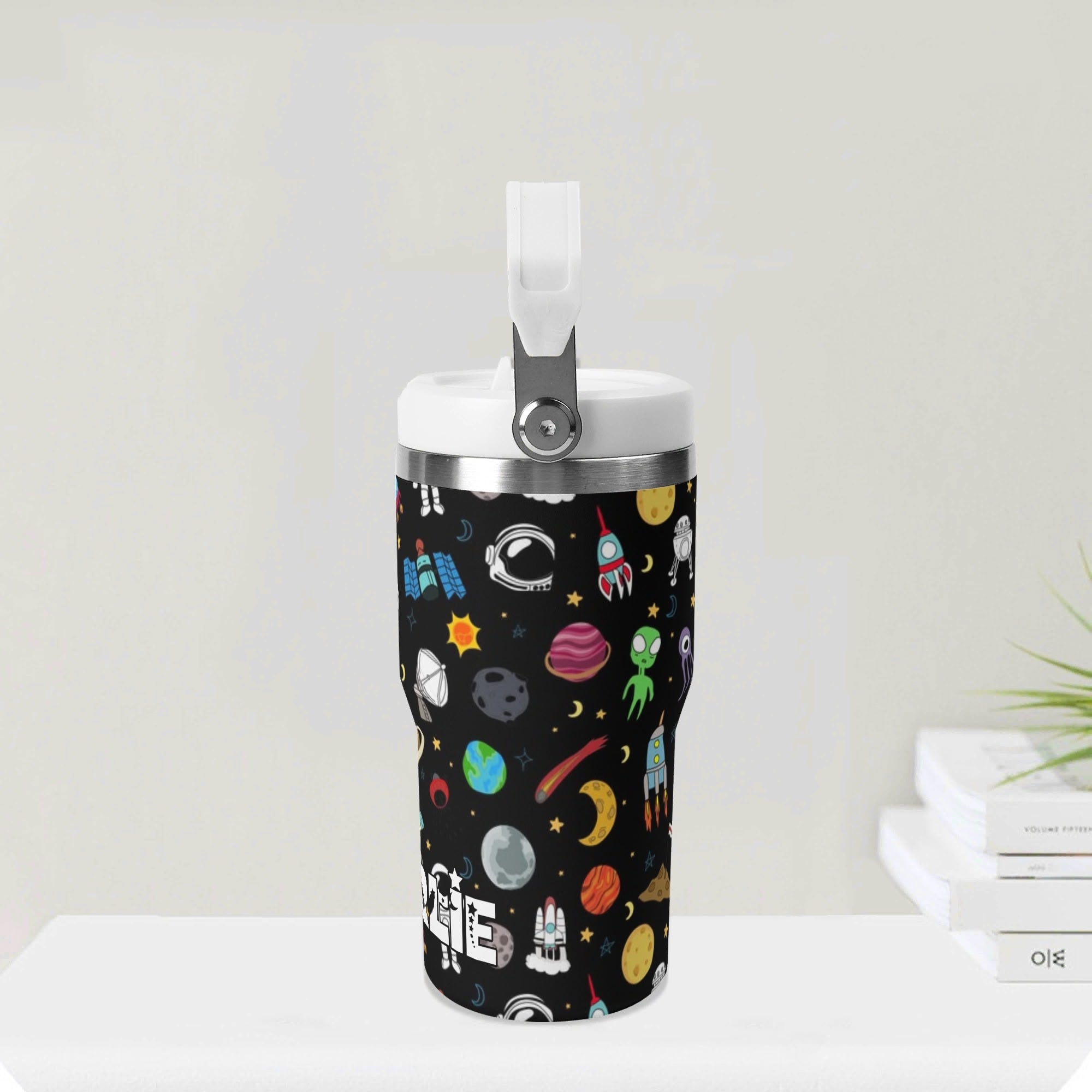 Personalised Kids Space 20oz Stainless Steel Tumbler Screw On Lid With Straw Personalised 20oz Tumbler with Top Handle Printed Offshore Space