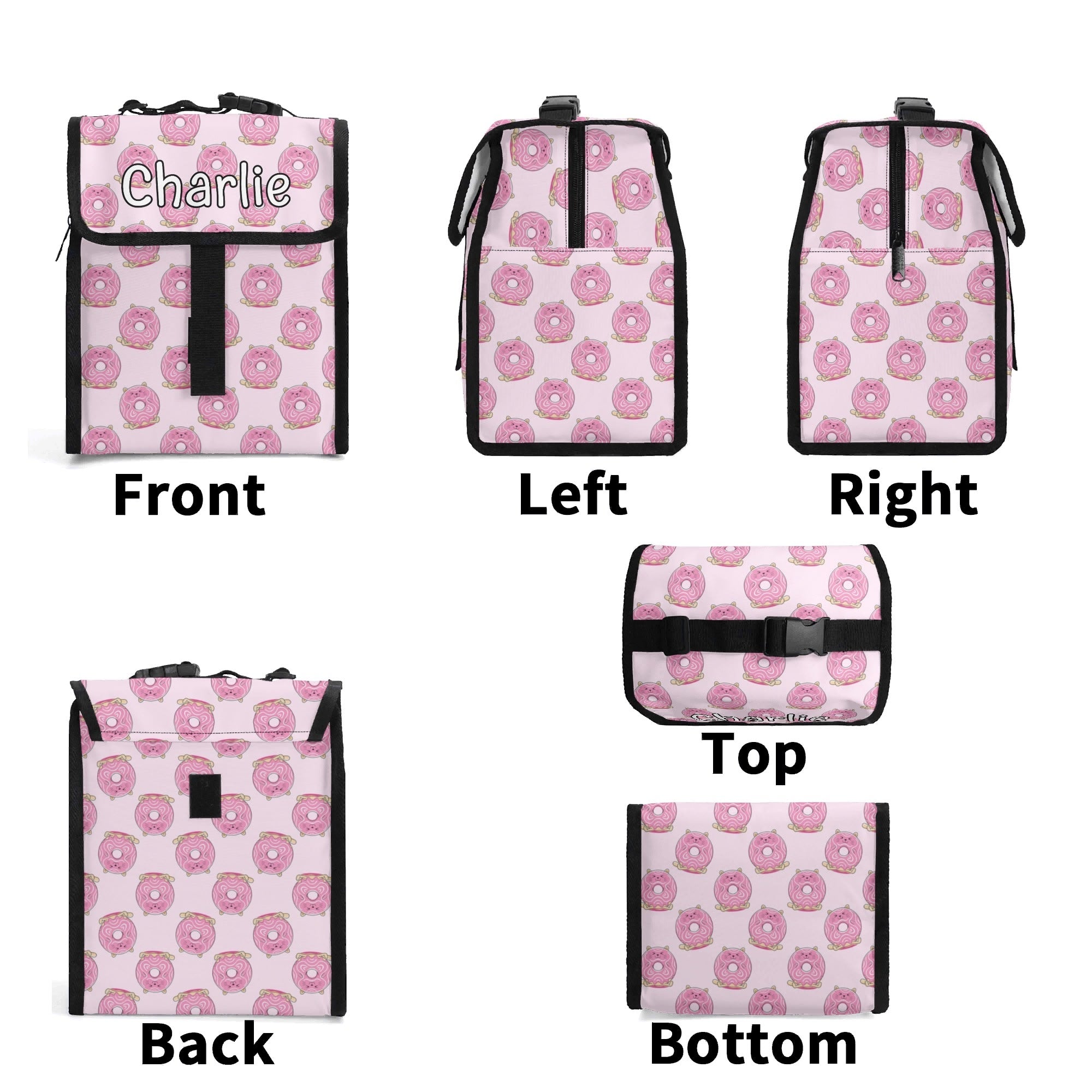 Personalised Pink Cat Doughnuts Flip-top Lunch Bag Personalised Flip Top Lunch Bag animal Food Printed Offshore