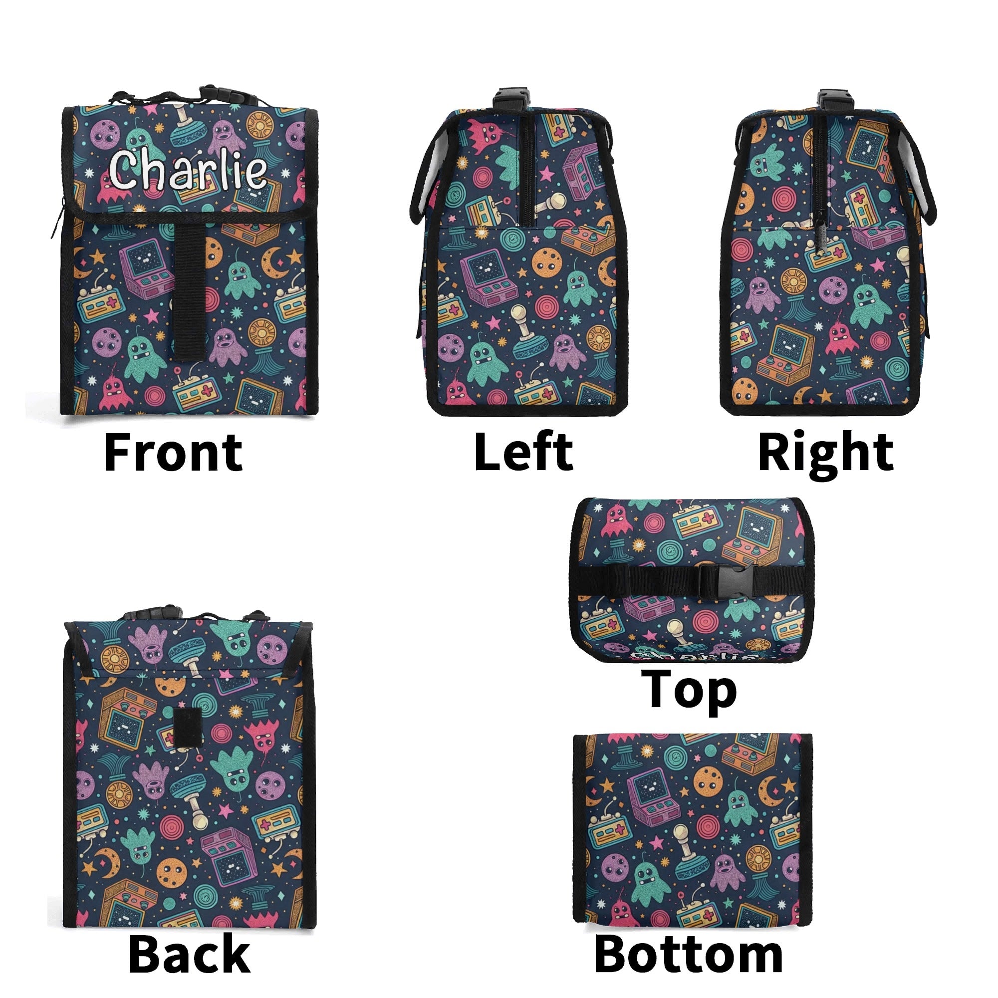 Personalised Space Arcade Flip-top Lunch Bag Personalised Flip Top Lunch Bag Games Printed Offshore Retro Space