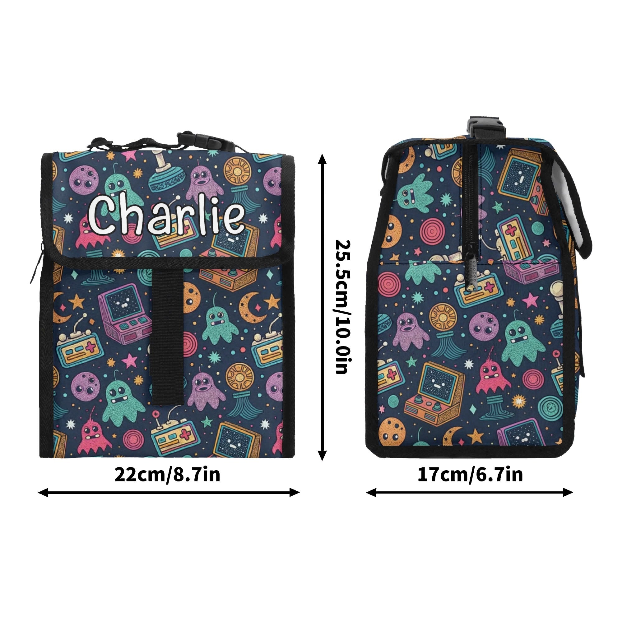 Personalised Space Arcade Flip-top Lunch Bag Personalised Flip Top Lunch Bag Games Printed Offshore Retro Space