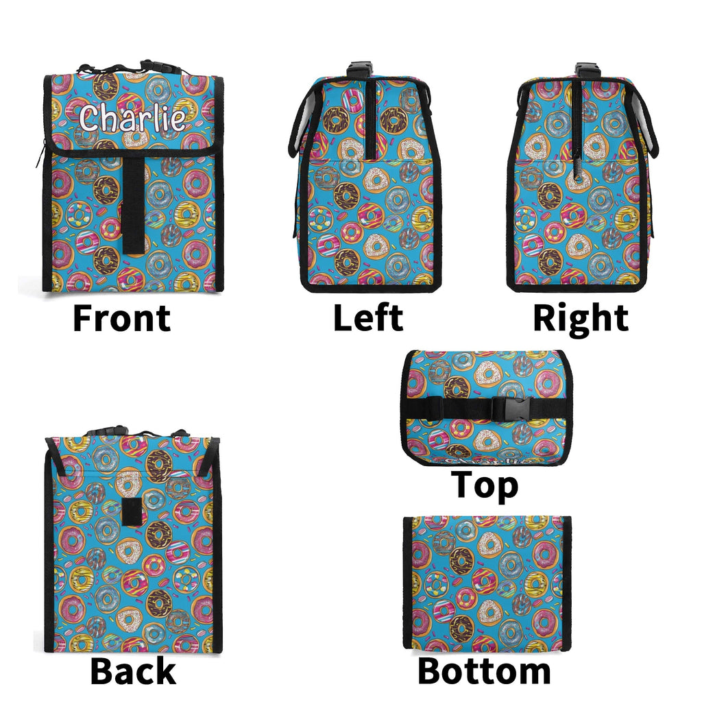 Personalised Doughnuts On Blue Flip-top Lunch Bag Personalised Flip Top Lunch Bag Food Printed Offshore