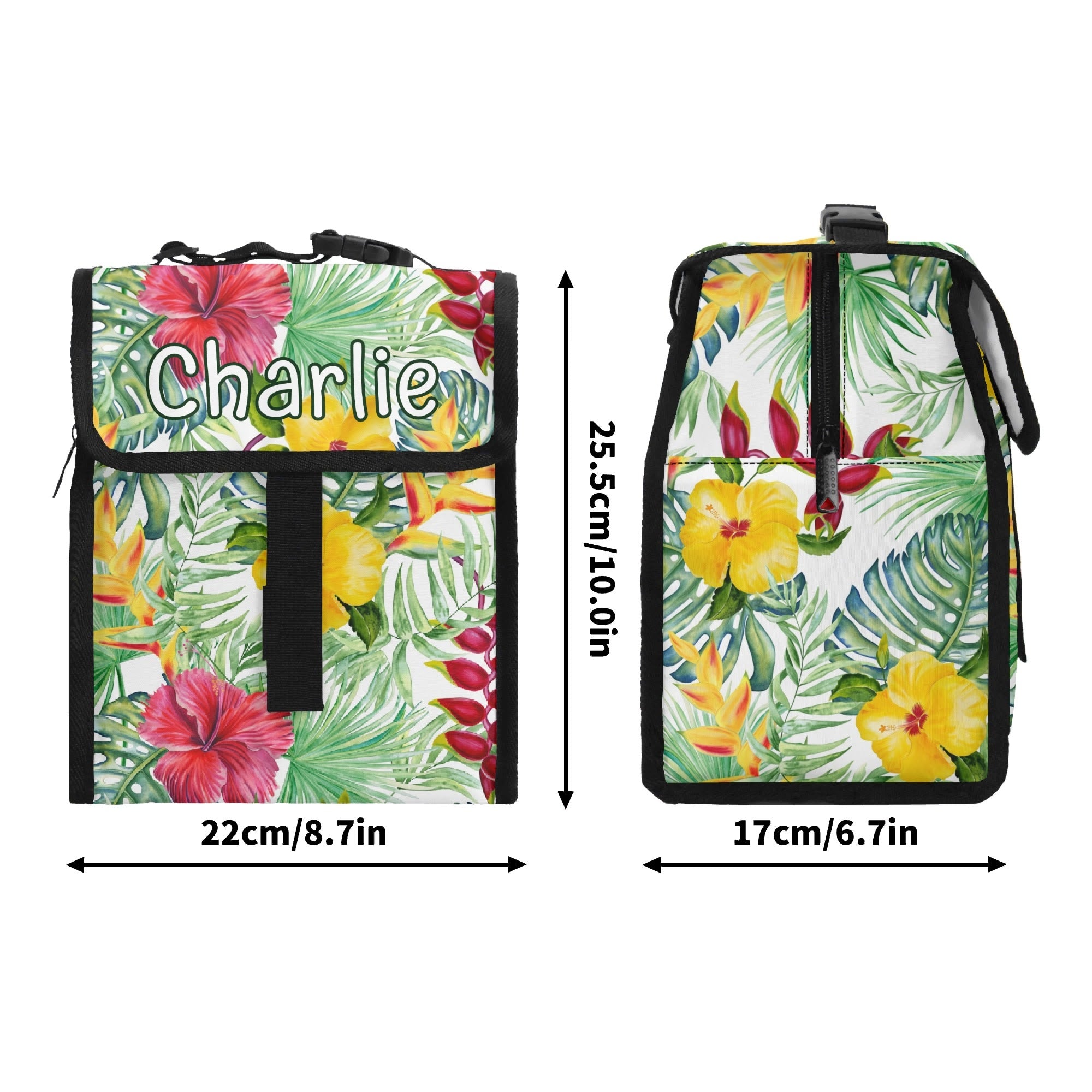 Personalised Tropical Flower On White Flip-top Lunch Bag Personalised Flip Top Lunch Bag Plants Printed Offshore