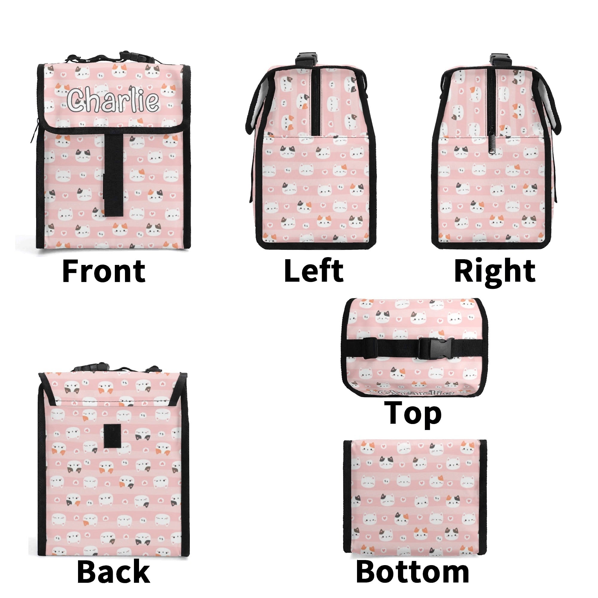 Personalised Pink Cats Flip-top Lunch Bag Personalised Flip Top Lunch Bag animal Printed Offshore