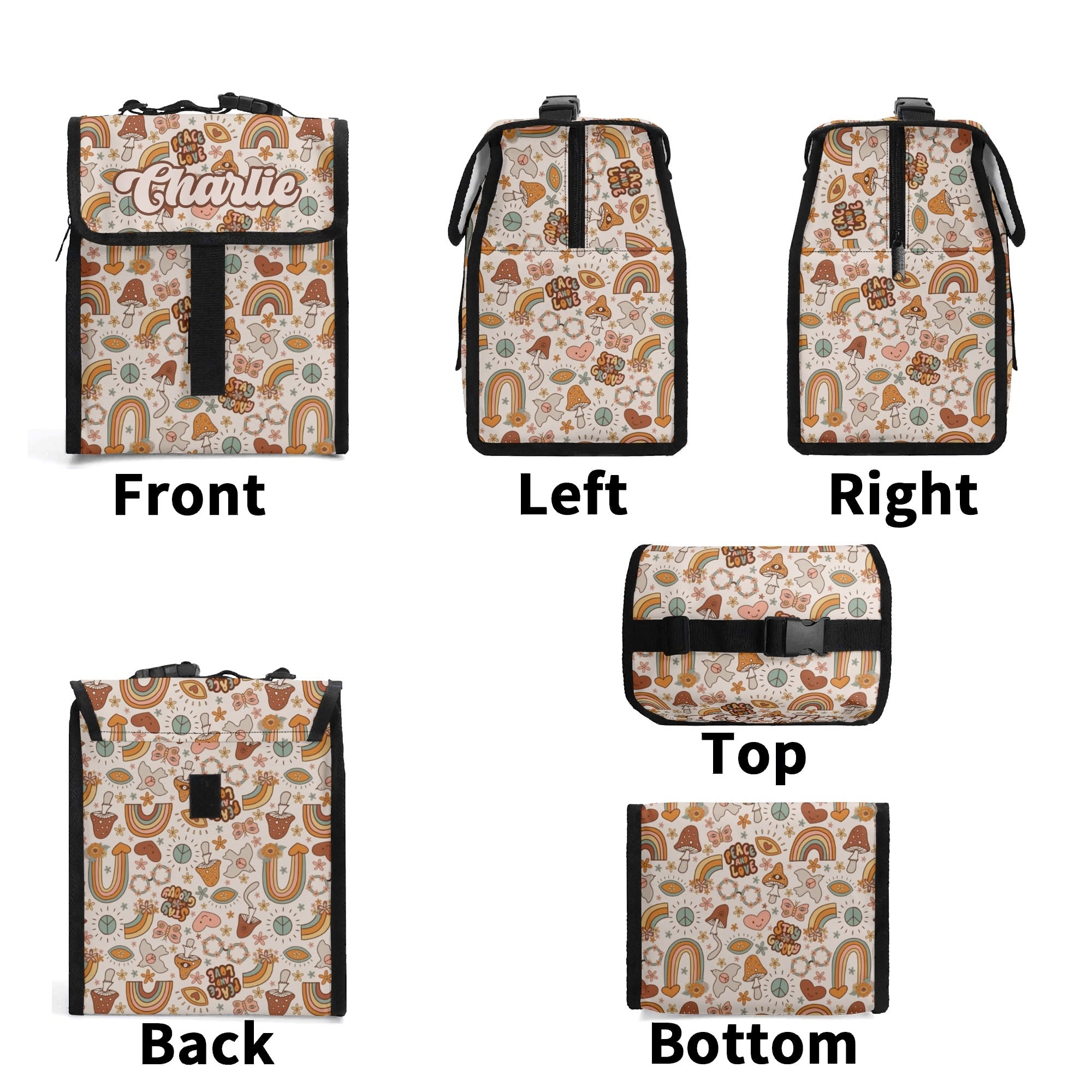 Personalised Peace And Love Flip-top Lunch Bag Personalised Flip Top Lunch Bag Printed Offshore Retro
