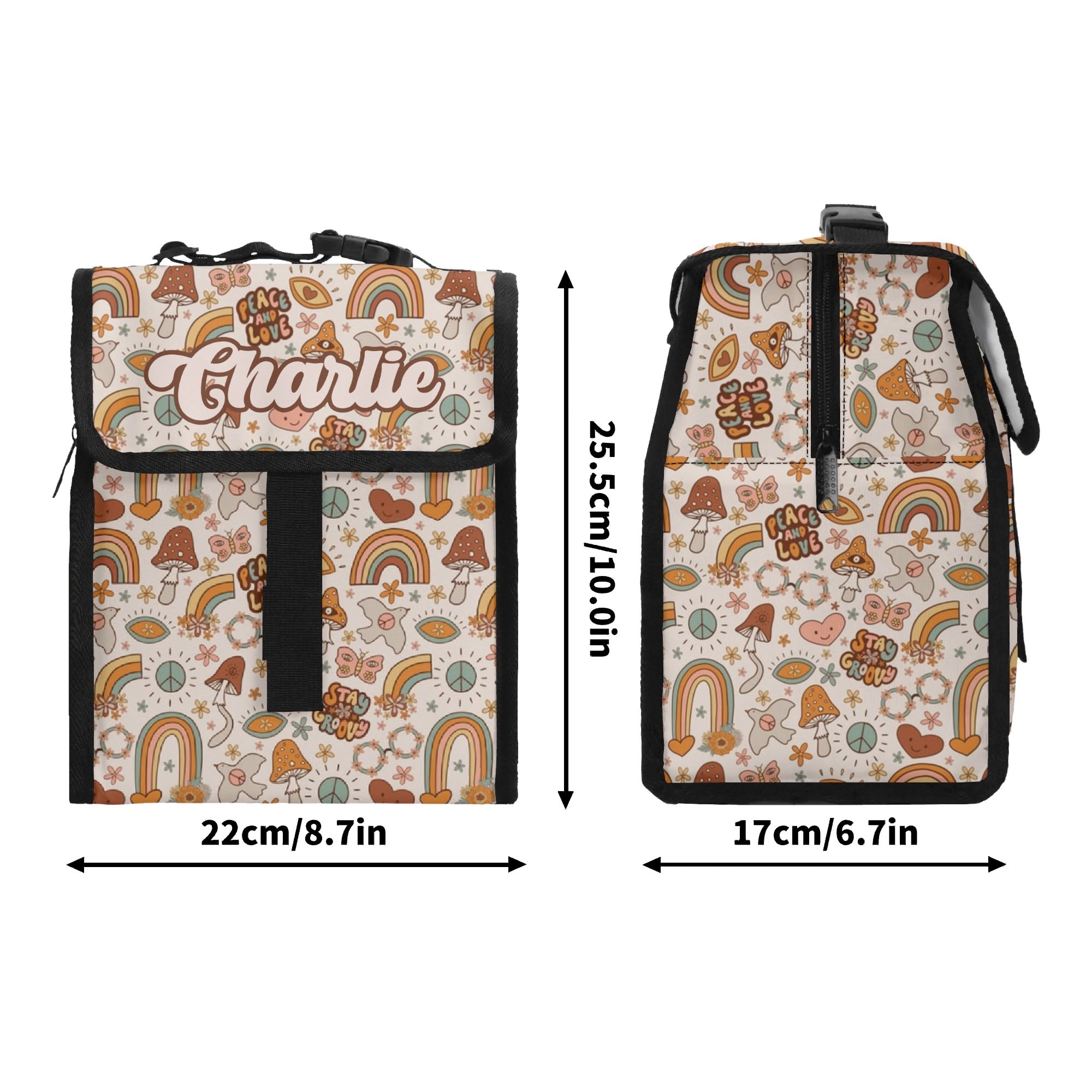 Personalised Peace And Love Flip-top Lunch Bag Personalised Flip Top Lunch Bag Printed Offshore Retro