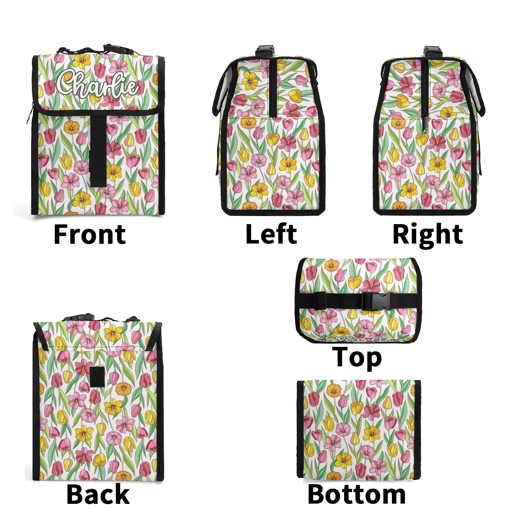 Personalised Pink And Yellow Floral Flip-top Lunch Bag Personalised Flip Top Lunch Bag Plants Printed Offshore
