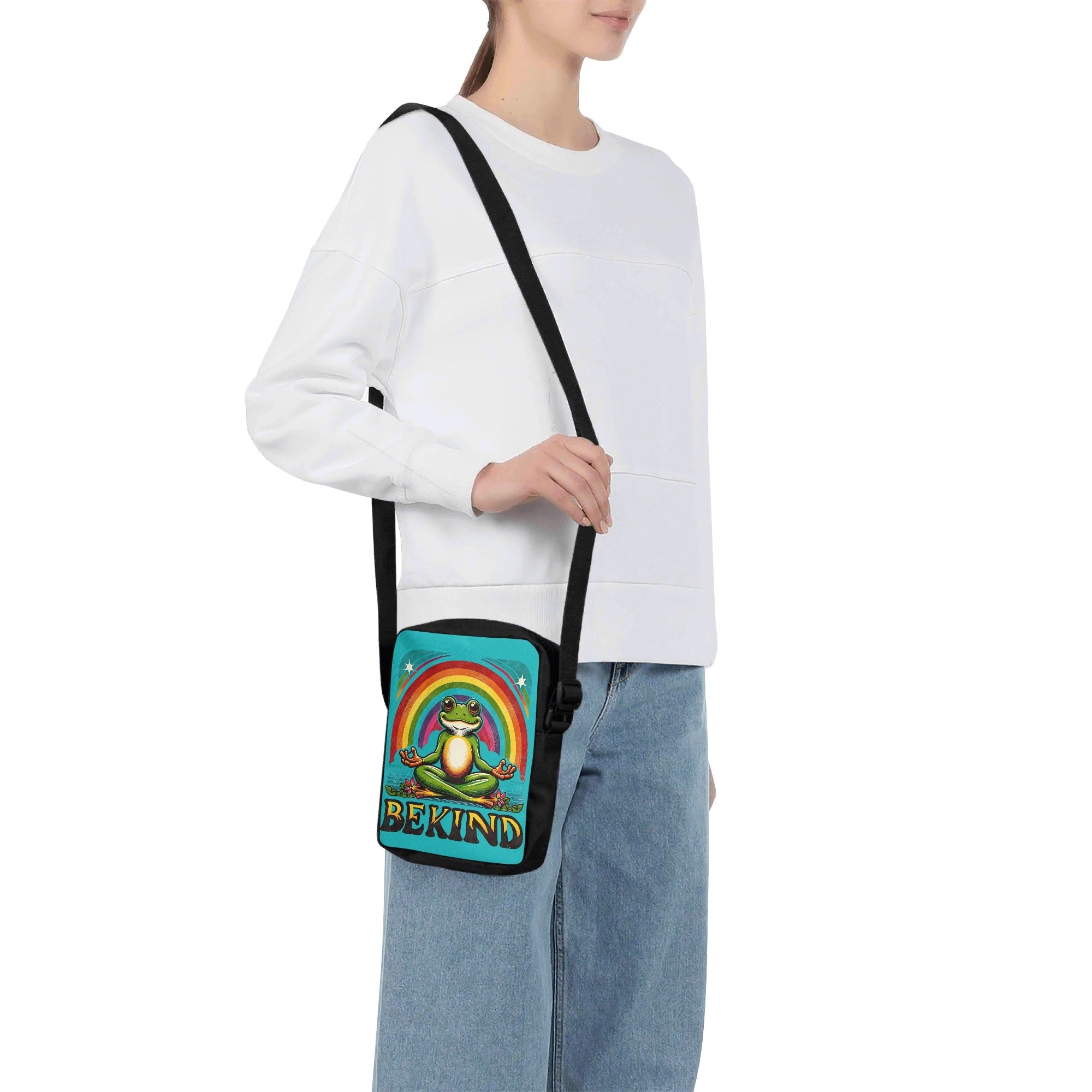 Be Kind, Meditating Rainbow Frog Cross-Body Bag Cross Body Bag animal Kindness Printed Offshore