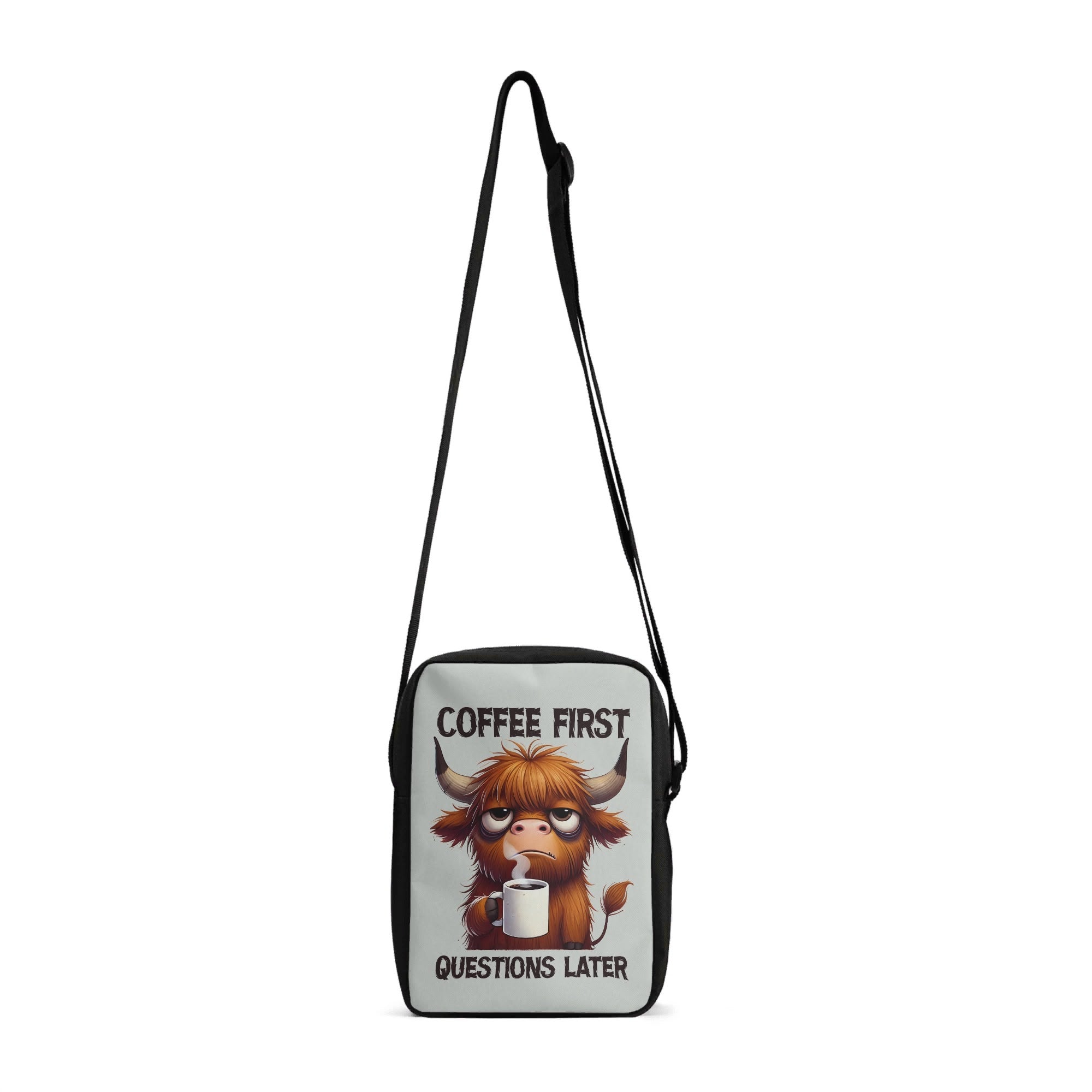 Coffee First Questions Later, Highland Cow Cross-Body Bag Default Title Cross Body Bag animal Coffee Printed Offshore