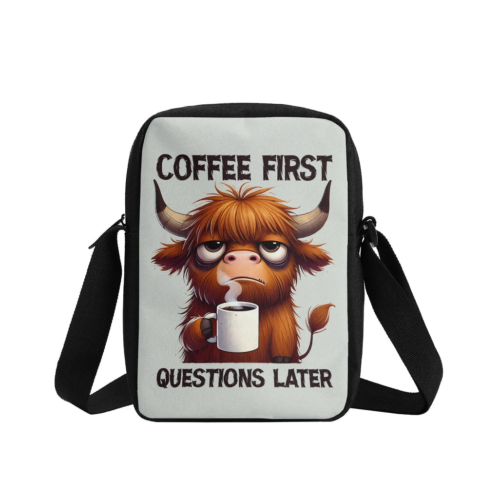 Coffee First Questions Later, Highland Cow Cross-Body Bag Cross Body Bag animal Coffee Printed Offshore