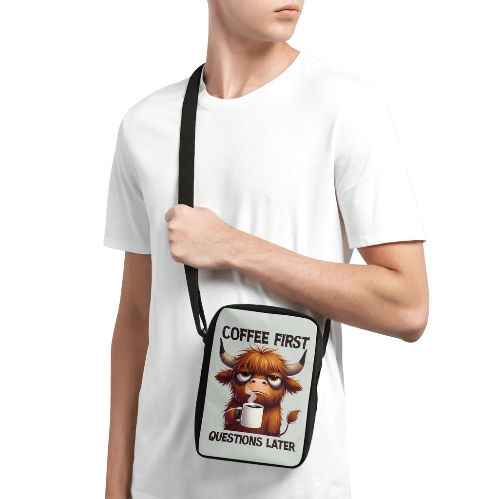 Coffee First Questions Later, Highland Cow Cross-Body Bag Cross Body Bag animal Coffee Printed Offshore