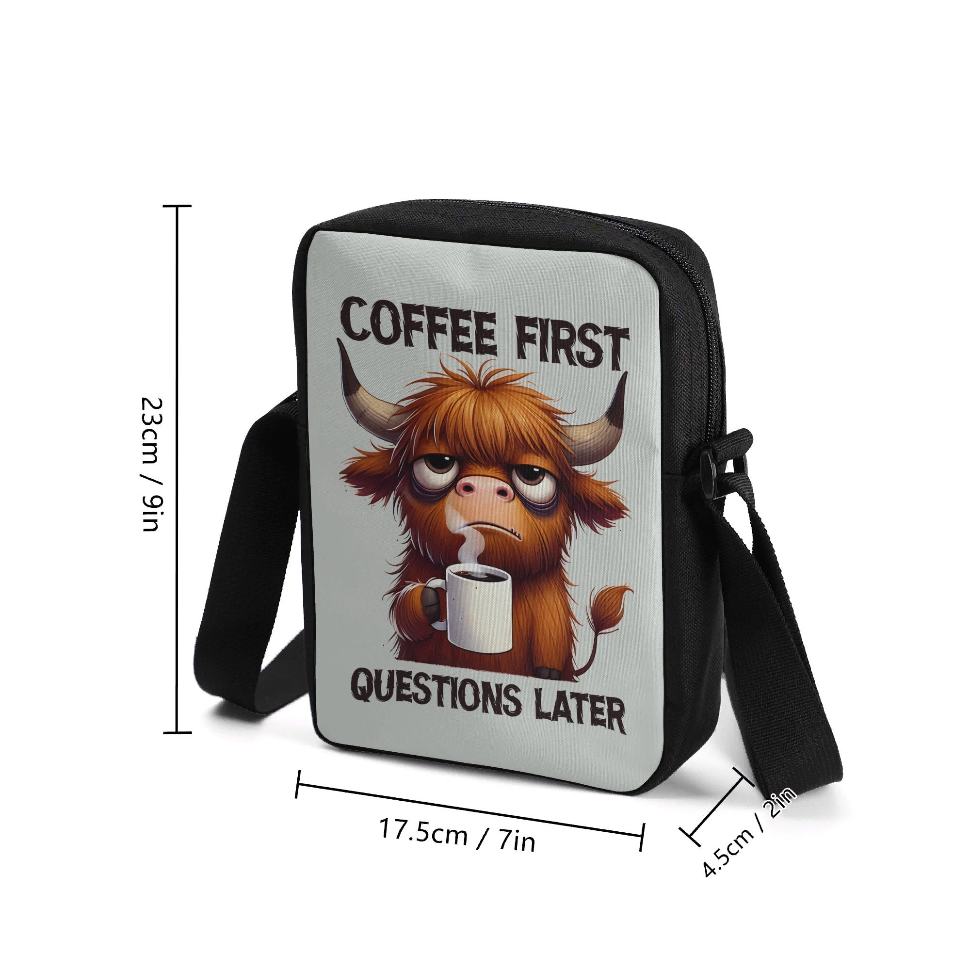 Coffee First Questions Later, Highland Cow Cross-Body Bag Cross Body Bag animal Coffee Printed Offshore