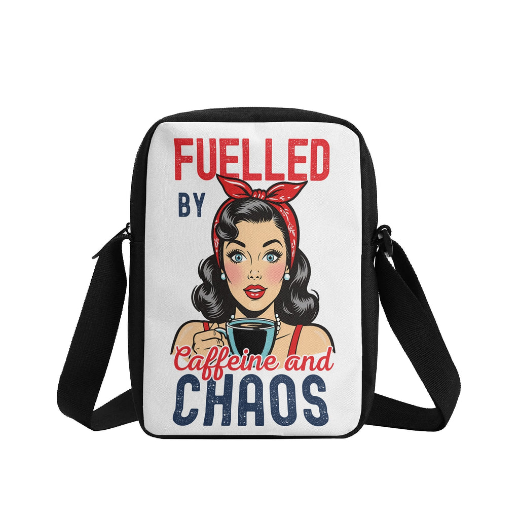 Fuelled By Caffeine And Chaos, Retro Woman Cross-Body Bag Cross Body Bag Coffee Printed Offshore