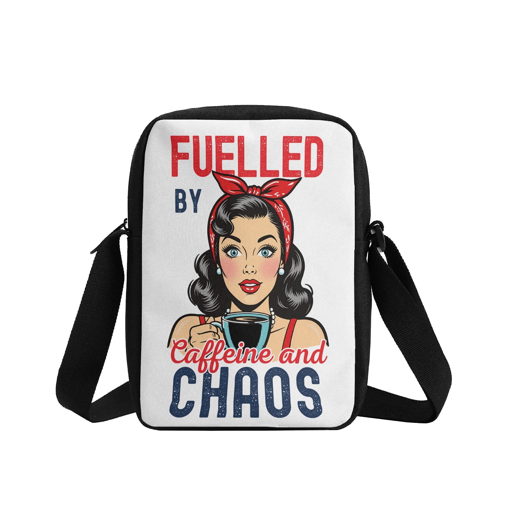 Fuelled By Caffeine And Chaos, Retro Woman Cross-Body Bag Cross Body Bag Coffee Printed Offshore