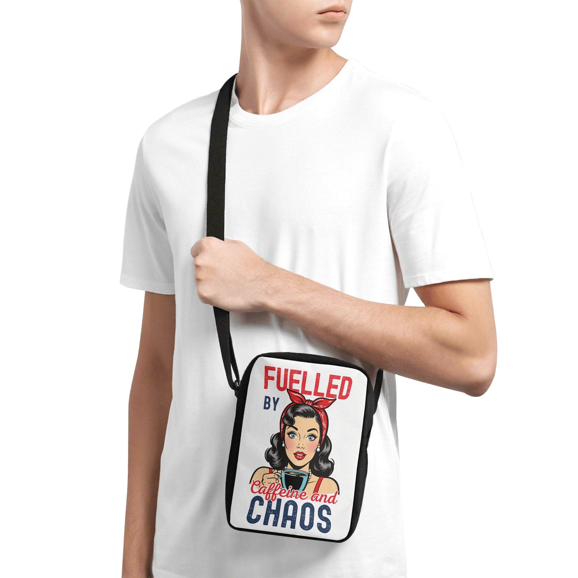 Fuelled By Caffeine And Chaos, Retro Woman Cross-Body Bag Cross Body Bag Coffee Printed Offshore