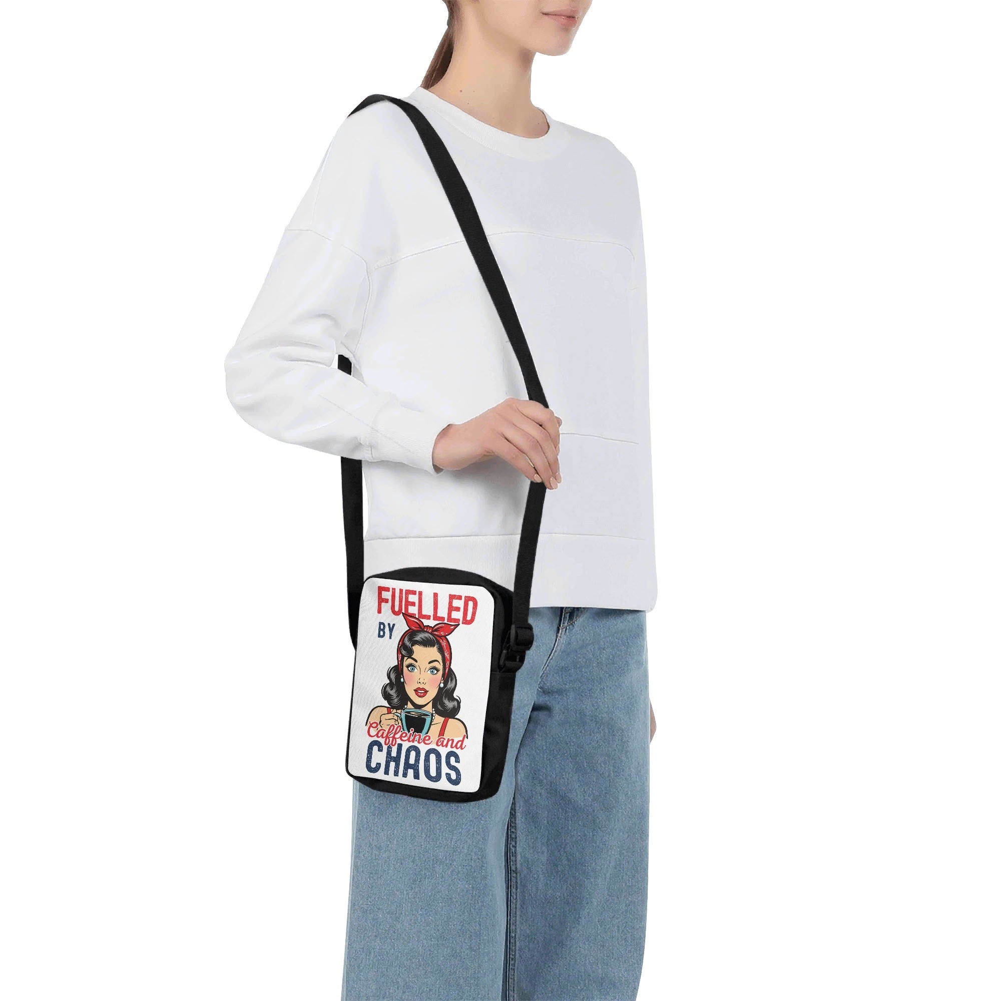 Fuelled By Caffeine And Chaos, Retro Woman Cross-Body Bag Cross Body Bag Coffee Printed Offshore