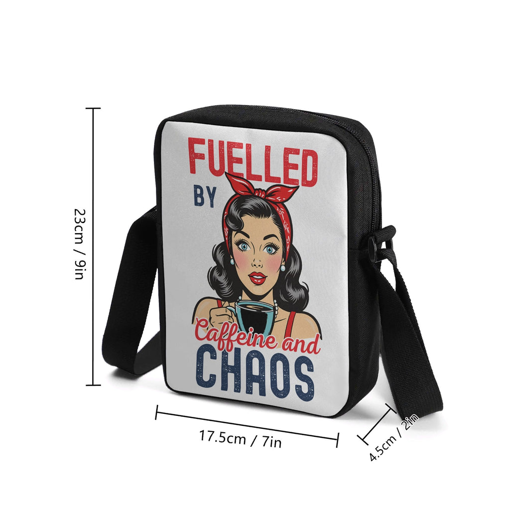Fuelled By Caffeine And Chaos, Retro Woman Cross-Body Bag Cross Body Bag Coffee Printed Offshore