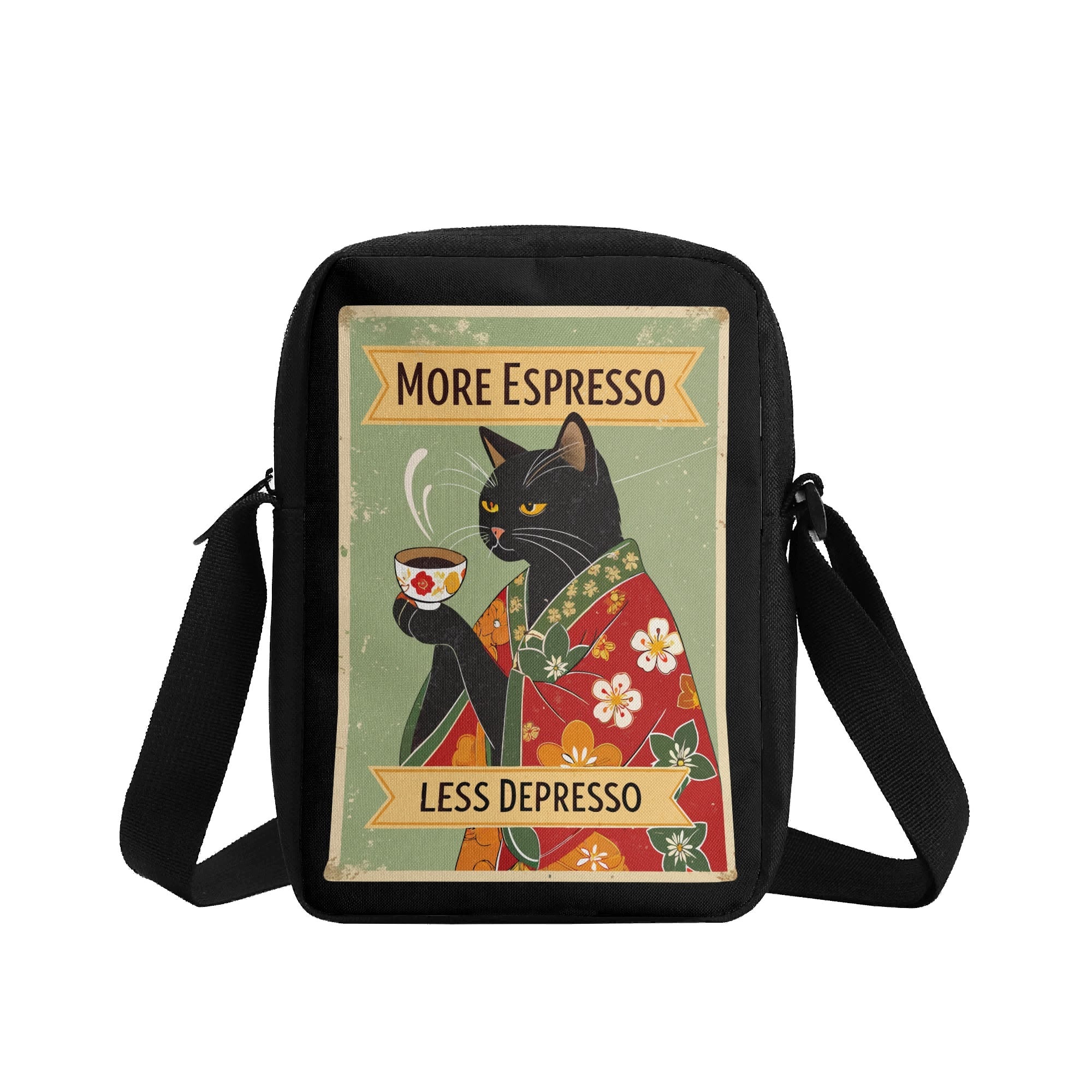 More Espresso Less Depresso, Cat In Kimono Cross-Body Bag Cross Body Bag animal Coffee Printed Offshore