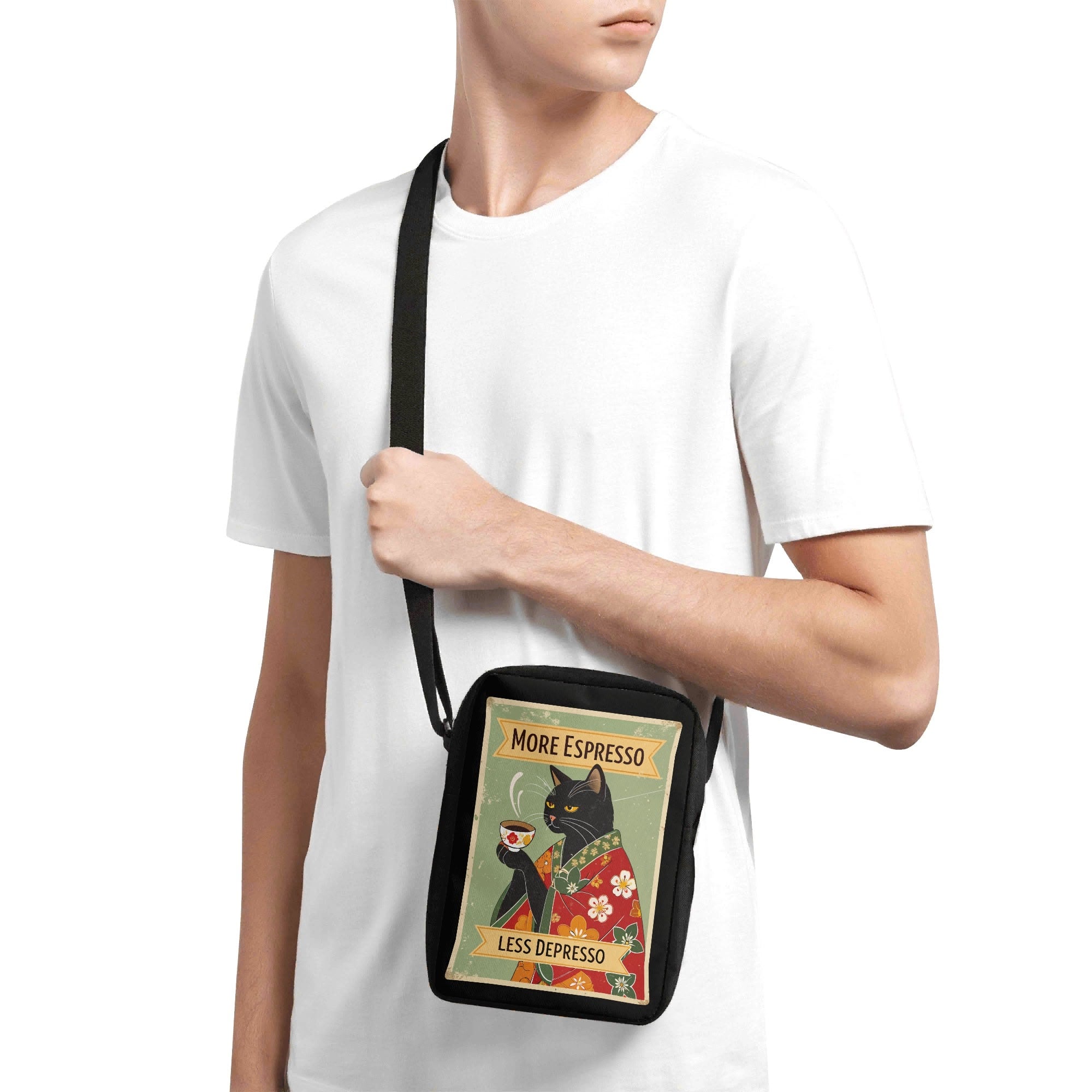 More Espresso Less Depresso, Cat In Kimono Cross-Body Bag Cross Body Bag animal Coffee Printed Offshore