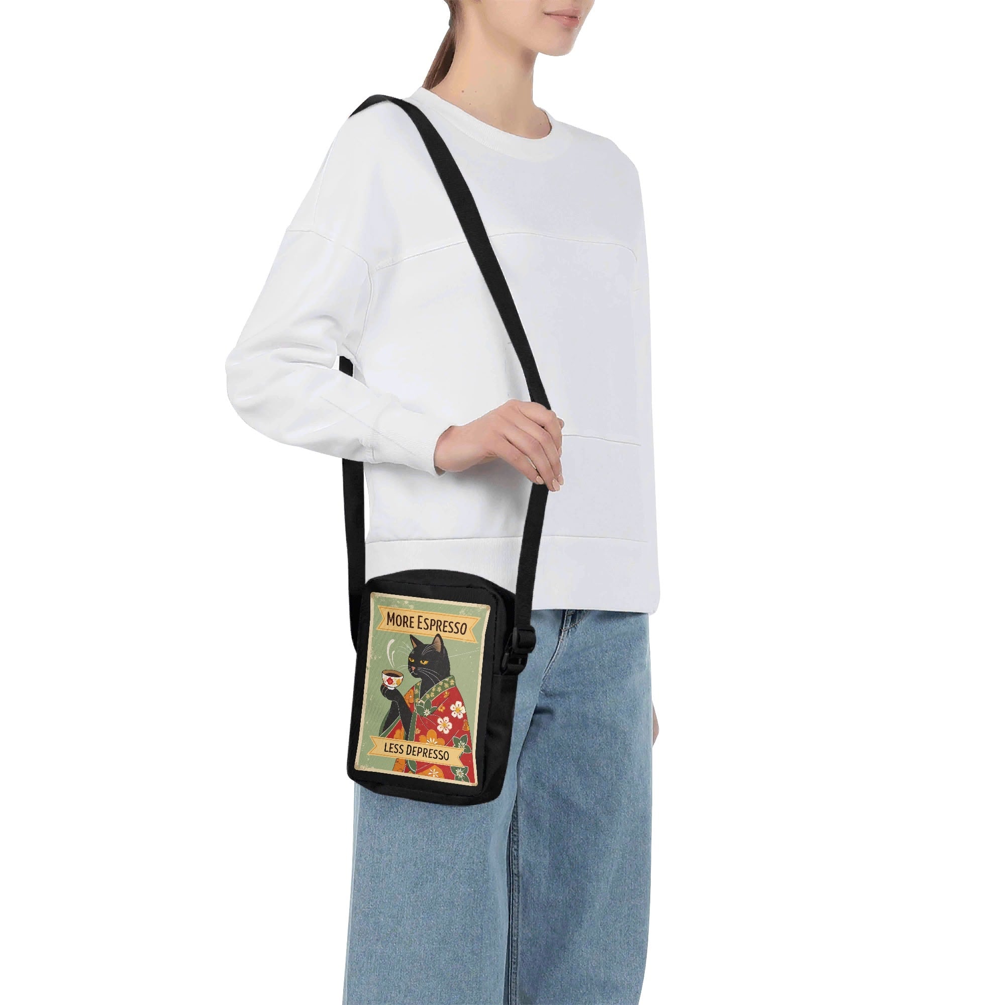 More Espresso Less Depresso, Cat In Kimono Cross-Body Bag Cross Body Bag animal Coffee Printed Offshore