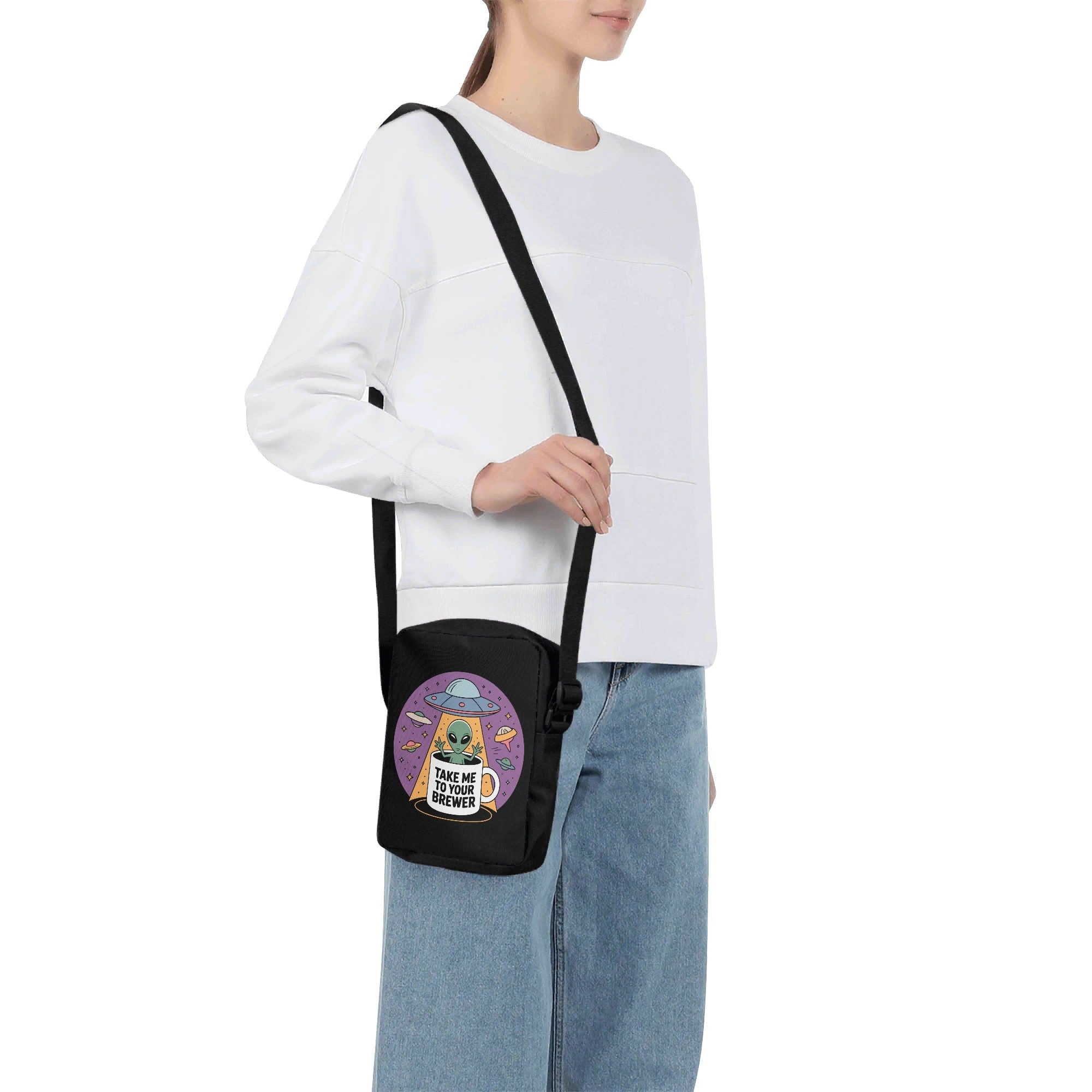 Alien, Coffee, UFO, Take Me To Your Brewer Cross-Body Bag Cross Body Bag Coffee Printed Offshore Sci Fi