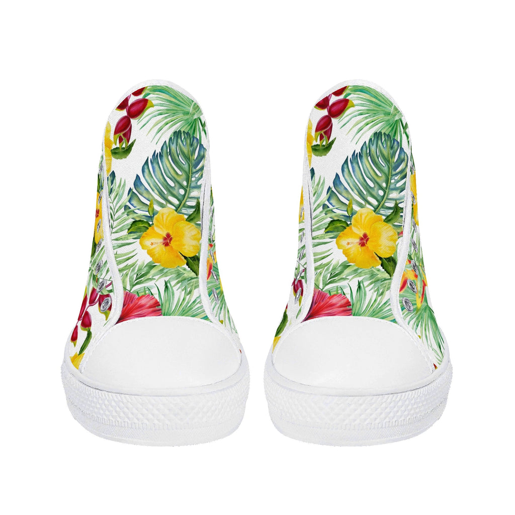 Tropical Flowers On White Womens High Top Canvas Shoes Plants Printed Offshore
