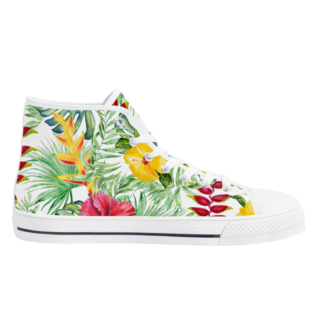 Tropical Flowers On White Womens High Top Canvas Shoes Plants Printed Offshore