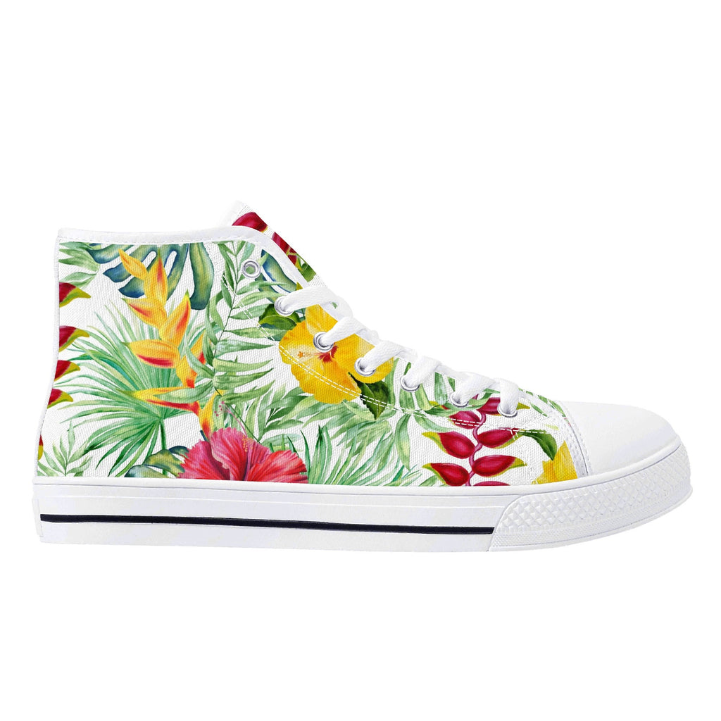 Tropical Flowers On White Womens High Top Canvas Shoes Plants Printed Offshore