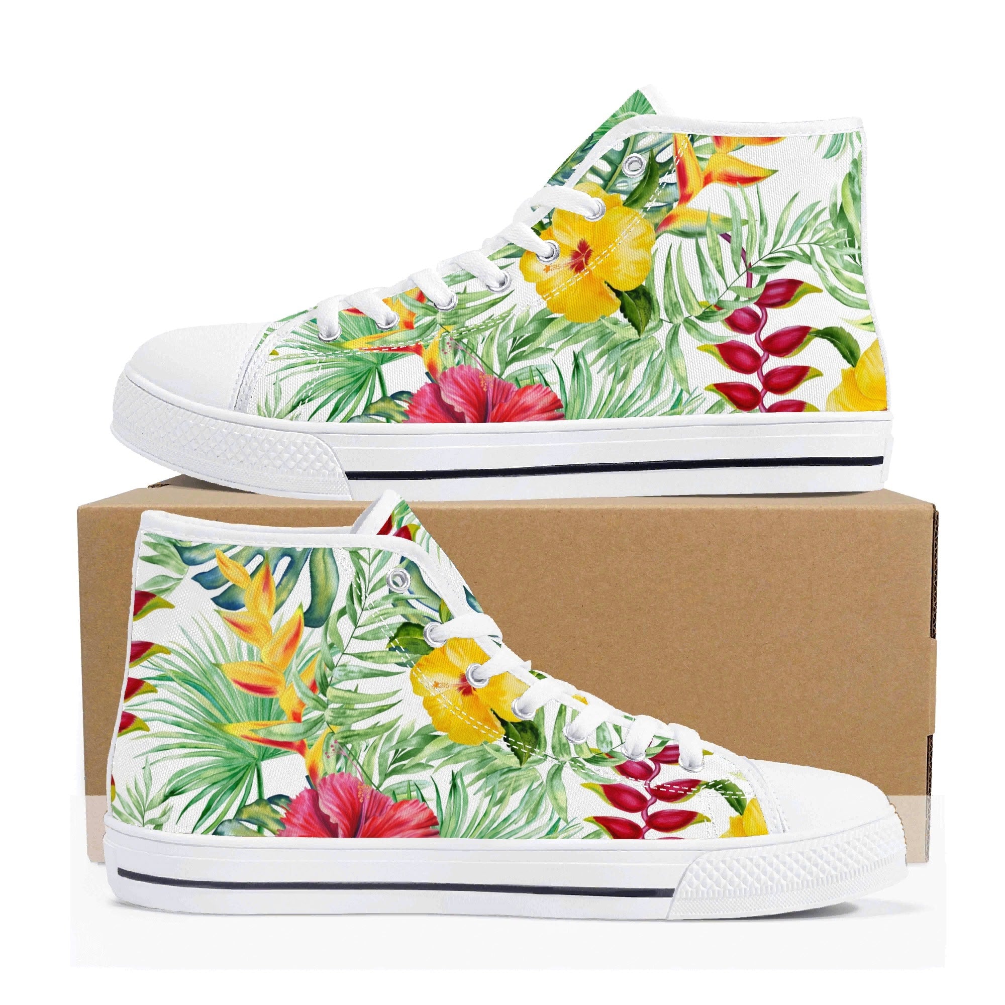Tropical Flowers On White Womens High Top Canvas Shoes Plants Printed Offshore