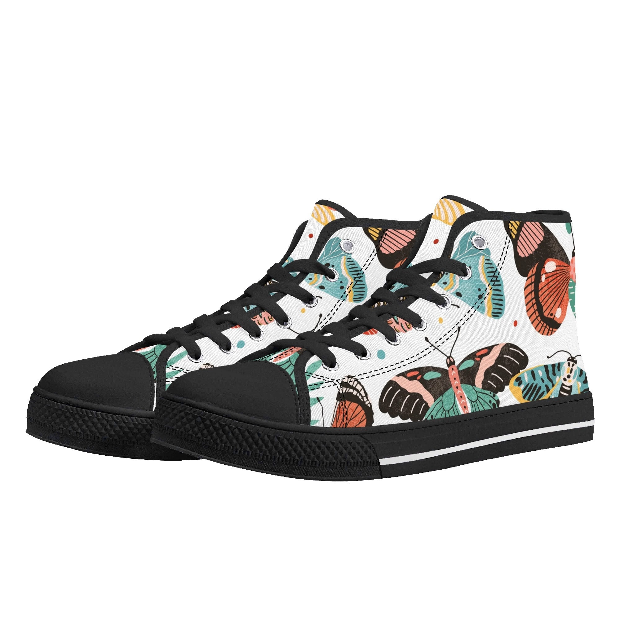 Pretty Moths And Butterflies Womens High Top Canvas Shoes Black Printed Offshore