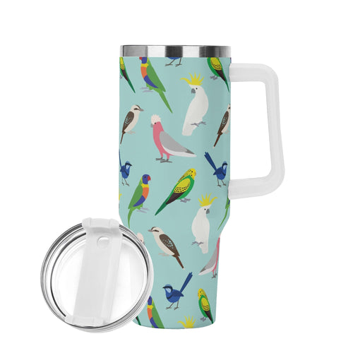 Australian Birds 40oz Stainless Steel Tumbler Gift With White Handle and Straw 40oz Stainless Steel Tumbler With Handle animal Birds Printed Offshore