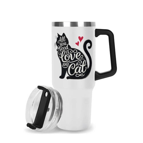 All You Need Is Love And A Cat 40oz Stainless Steel Tumbler Gift With Black Handle and Straw 40oz Stainless Steel Tumbler With Handle animal Printed Offshore