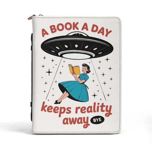 A Book A Day Keeps Reality Away UFO PU Leather Book Cover With Pocket PU Leather Book Cover Printed Offshore Reading Sci Fi